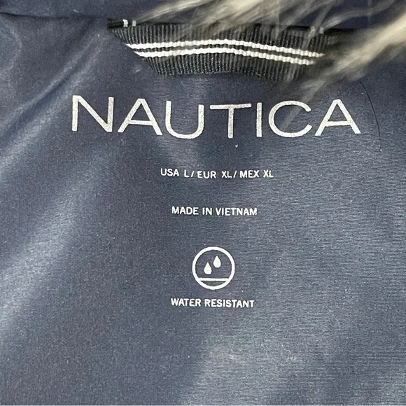 Nautica Navy Blue Puffer Mid Length Jacket Removable Faux Fur Hooded Ski Coat L - Picture 10 of 10